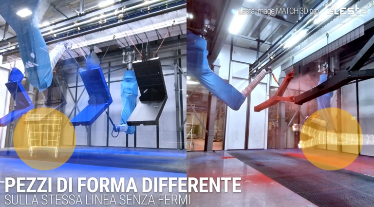 Lo scanner vede la posizione reale dei pezzi ed adegua la verniciatura su convogliatore